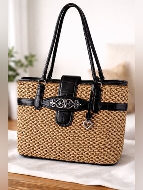 Brighton VTG Woven Straw Shoulder Bag Black Leather Trim Silver Hardware Tote